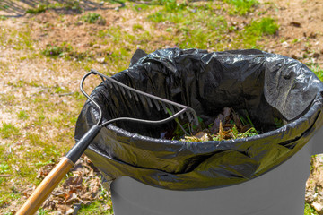 Yard Cleanup - Garden Rake and Trash Can
