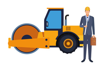 Engineer with briefcase and steamroller colorful