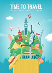Naklejka premium Travel composition with famous world landmarks. Travel and Tourism concept. Vector