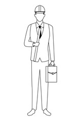 Construction engineer with plans and briefcase in black and white
