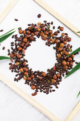 Many seeds put on whiteboard and space for your ideas texts. top view. Background concept.