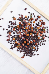 Many seeds put on whiteboard and space for your ideas texts. top view. Background concept.