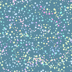 Seamless pattern with dots, confetti on dark background, naive, simple and universal backdrop, blue vector wallpaper