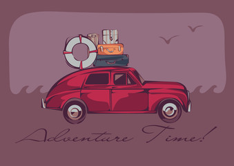 A red vintage car with a luggage on a top over a seascape and gulls. Retro stylized illustration