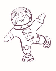 Girl cosmonaut, illustration in cartoon style for colouring