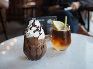Iced cocoa drink with whipped cream