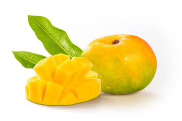 Beautiful composition of two ripe Auguste mangoes sliced on white background