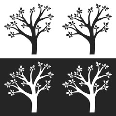 Set of tree silhouettes with branches on white and gray background