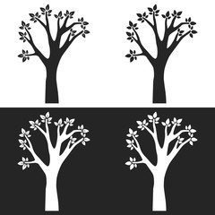 Set of tree silhouettes with branches on white and gray background
