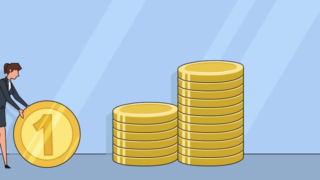 Flat cartoon businesswoman character roll  cent coin money concept animation