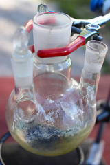 Dirty flask after a stormy chemical reaction.