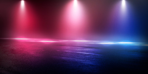 Background of the room with concrete pavement. Blue and pink neon light. Smoke, fog, wet asphalt...