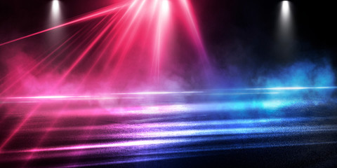 Background of the room with concrete pavement. Blue and pink neon light. Smoke, fog, wet asphalt with reflection of lights. Abstract light, searchlight rays. Night view of the street with lights, dark