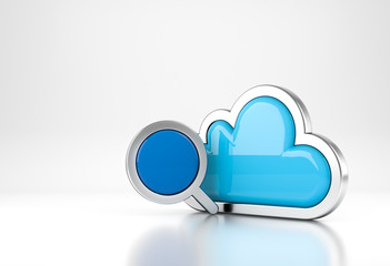 Cloud Computing internet Symbol concept with Magnifying glass icon on white background. 3D rendering.