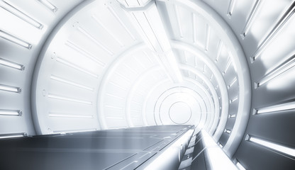 Fototapeta premium Futurystyczny biały tunel ze światłem. Widok wnętrza długiego korytarza. Przyszłe pojęcie tła science-fiction. Renderowanie 3D.