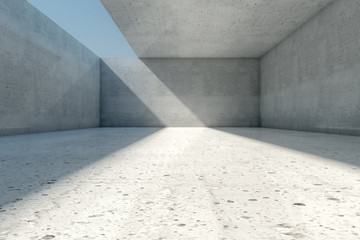 Abstract empty concrete room background with open ceiling and wall, 3d illustration.