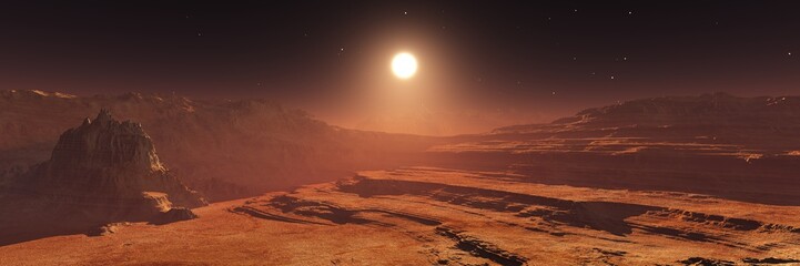 Mars at sunset, panorama of Mars, alien landscape, Martian view