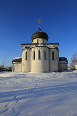 View of the Georgievsky Cathedral in the city of Yuriev-Polsky on a winter day in Russia