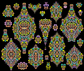 Bright bohemian ethnic cliche with paisley and decorative elements. Vector set of various ornaments, deco template. Oriental trendy print for decoration, gift, design,  for women's clothing.