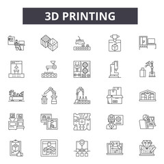 3d printing line icons. Editable stroke. Concept illustrations: manufacturing,technology,3d,plastic,print,design,equipment etc. 3d printing  outline icons