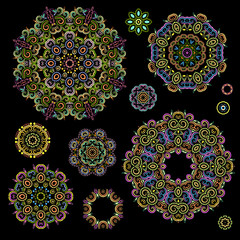 Bright bohemian ethnic cliche with paisley and decorative elements. Vector set of various ornaments, deco template. Oriental trendy print for decoration, gift, design,  for women's clothing.