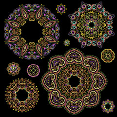 Bright bohemian ethnic cliche with paisley and decorative elements. Vector set of various ornaments, deco template. Oriental trendy print for decoration, gift, design,  for women's clothing.