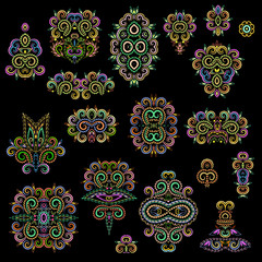 Bright bohemian ethnic cliche with paisley and decorative elements. Vector set of various ornaments, deco template. Oriental trendy print for decoration, gift, design,  for women's clothing.