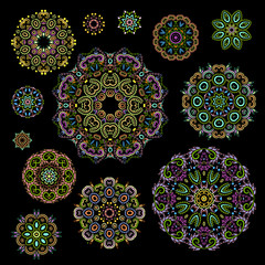 Bright bohemian ethnic cliche with paisley and decorative elements. Vector set of various ornaments, deco template. Oriental trendy print for decoration, gift, design,  for women's clothing.