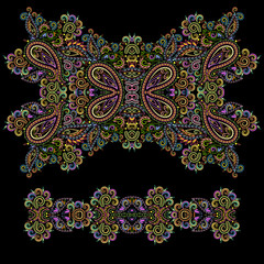 Bright bohemian ethnic cliche with paisley and decorative elements. Vector set of various ornaments, deco template. Oriental trendy print for decoration, gift, design,  for women's clothing.