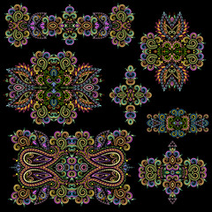 Bright bohemian ethnic cliche with paisley and decorative elements. Vector set of various ornaments, deco template. Oriental trendy print for decoration, gift, design,  for women's clothing.