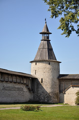 View of the northern tower of Kutekroma of the Pskov Krom close-up on a summer day, Russia.