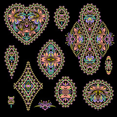 A colorful collection of floral patterns and ethnic elements.Traditional eastern symbols for decoration, for clothes. Ethnic ornament - object isolated. Vector bright print.