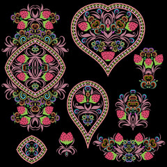 Bright bohemian ethnic cliche with berries and decorative elements. Vector set of various ornaments, deco template. Oriental trendy print for decoration, gift, design,  for women's clothing.