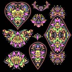 A colorful collection of floral patterns and ethnic elements.Traditional eastern symbols for decoration, for clothes. Ethnic ornament - object isolated. Vector bright print.