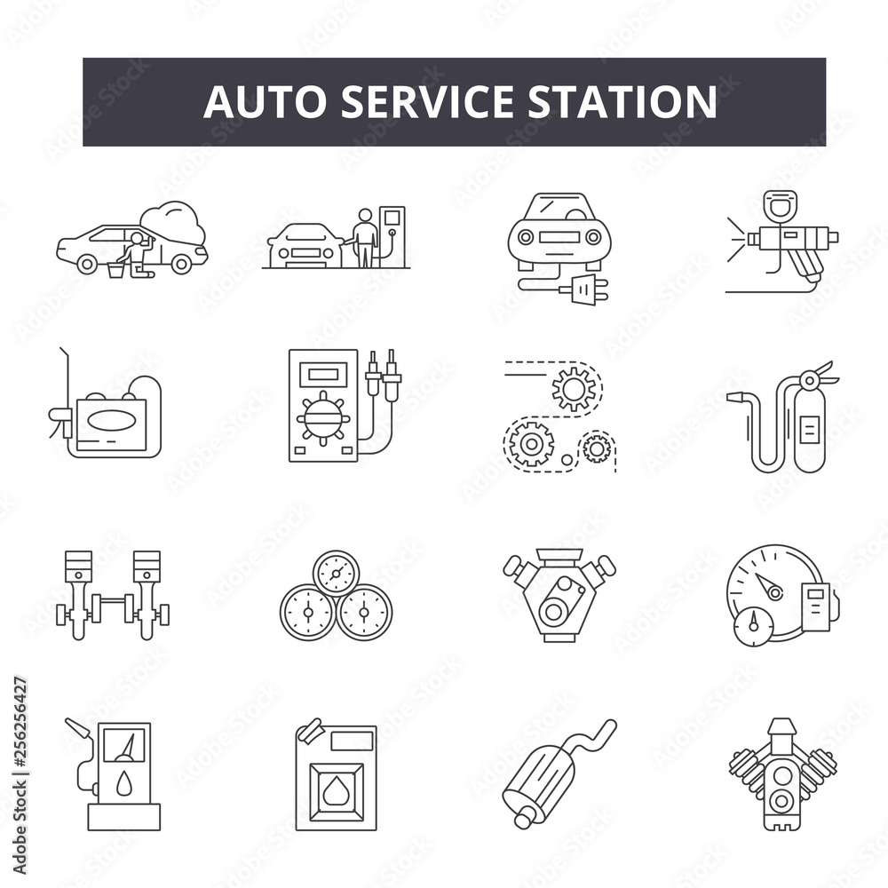 Poster auto service station line icons for web and mobile. editable stroke signs. auto service station outl