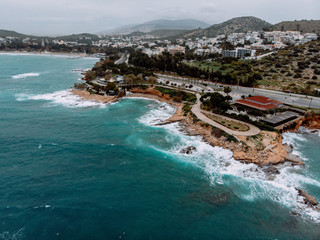 Aerial drone view video of sea near beach with birds fly, Attica, Greece