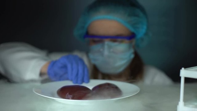 Nutritionist taking kidneys from fridge and checking properties, food quality