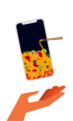 Vector illustration of noodle phone and hand. Food delivery concept. Chinese noodles with chopsticks. Online Food Delivery. Smartphone visual for food delivery.