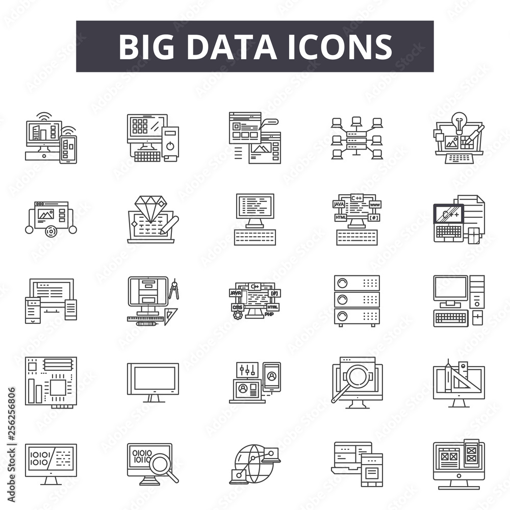 Poster big data line icons for web and mobile. editable stroke signs. big data outline concept illustration