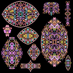 Bright bohemian ethnic cliche with paisley and decorative elements. Vector set of various ornaments, deco template. Oriental trendy print for decoration, gift, design,  for women's clothing.