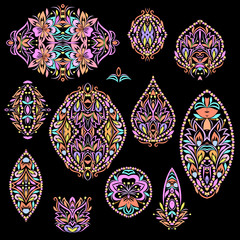 Bright bohemian ethnic cliche with paisley and decorative elements. Vector set of various ornaments, deco template. Oriental trendy print for decoration, gift, design,  for women's clothing.