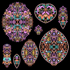 Bright bohemian ethnic cliche with paisley and decorative elements. Vector set of various ornaments, deco template. Oriental trendy print for decoration, gift, design,  for women's clothing.