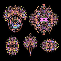 Bright bohemian ethnic cliche with paisley and decorative elements. Vector set of various ornaments, deco template. Oriental trendy print for decoration, gift, design,  for women's clothing.