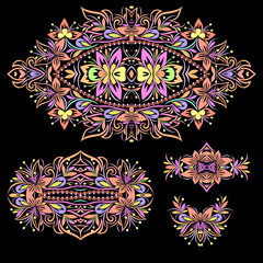 Bright bohemian ethnic cliche with paisley and decorative elements. Vector set of various ornaments, deco template. Oriental trendy print for decoration, gift, design,  for women's clothing.