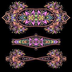 Bright bohemian ethnic cliche with paisley and decorative elements. Vector set of various ornaments, deco template. Oriental trendy print for decoration, gift, design,  for women's clothing.