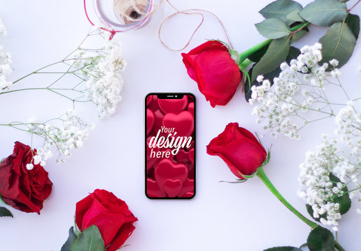 Smartphone on a White Table with Roses Mockup