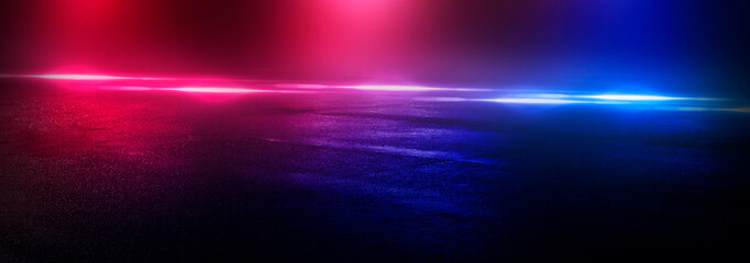 Background of the room with concrete pavement. Blue and pink neon light. Smoke, fog, wet asphalt with reflection of lights. Abstract light, searchlight rays. Night view of the street with lights, dark