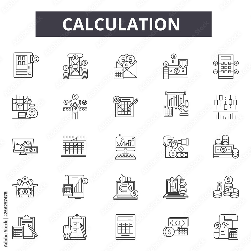 Poster calculation line icons for web and mobile. editable stroke signs. calculation outline concept illust