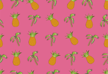 Vector seamless patern with pineapples and tropical palms.