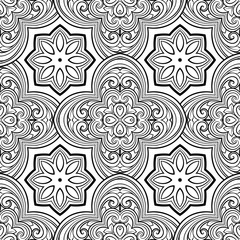 Seamless geometric line pattern in eastern or arabic style. Exquisite monochrome texture. Black and white graphic background, lace pattern